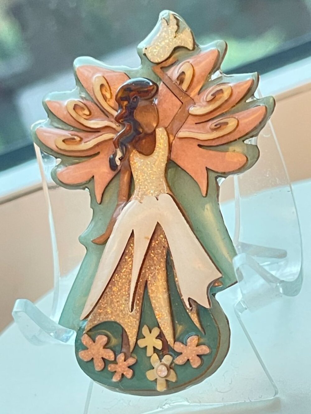 Lucinda Fairy Glitter Resin Brooch With Dove & Flowers - Pink & Green Wings - Vi